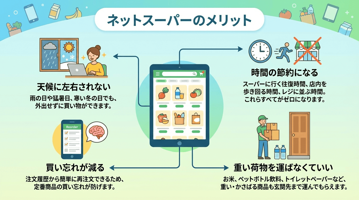 ネットスーパーの4つのメリットの図解。