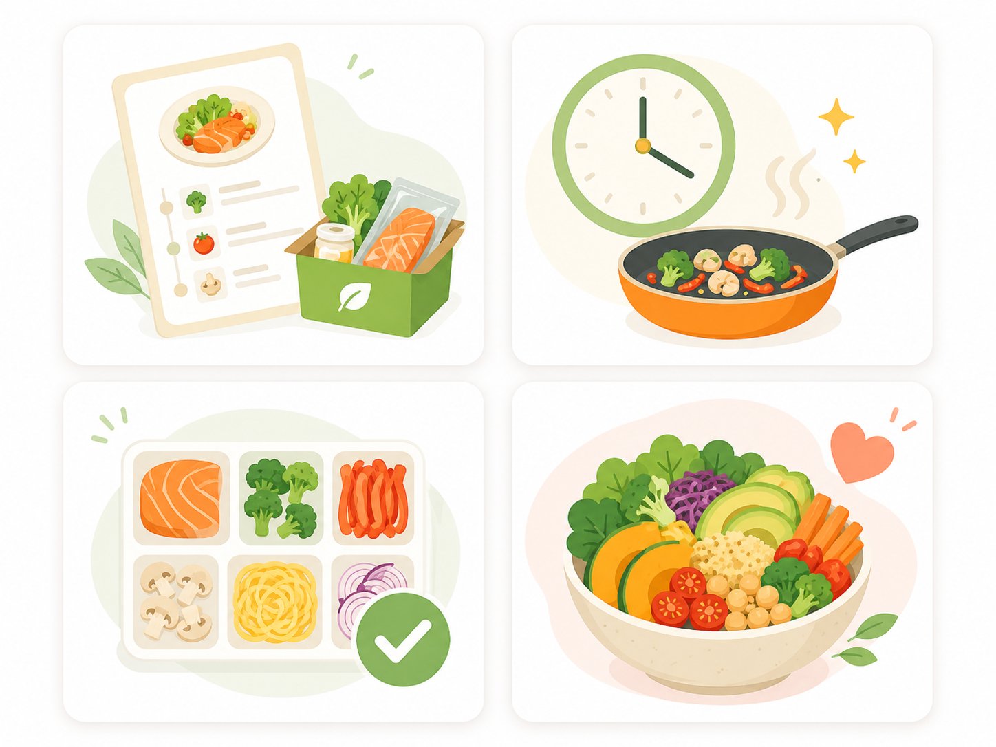 ミールキットの4つのメリットの図解。献立不要・時短・食材ロスなし・栄養バランス。