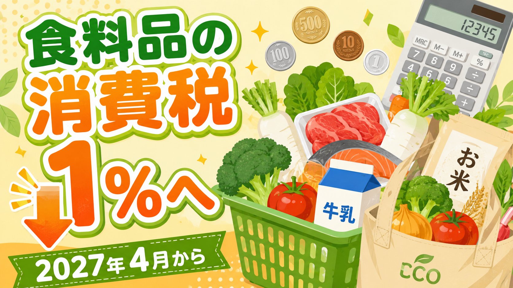 食料品の消費税が2027年4月から1%に引き下げられる方針を伝えるアイキャッチ